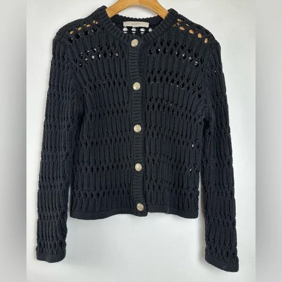 LOFT Women’s XS Black Open Stitch Knit Cardigan Button Front Sweater Crew Neck - Picture 2 of 12
